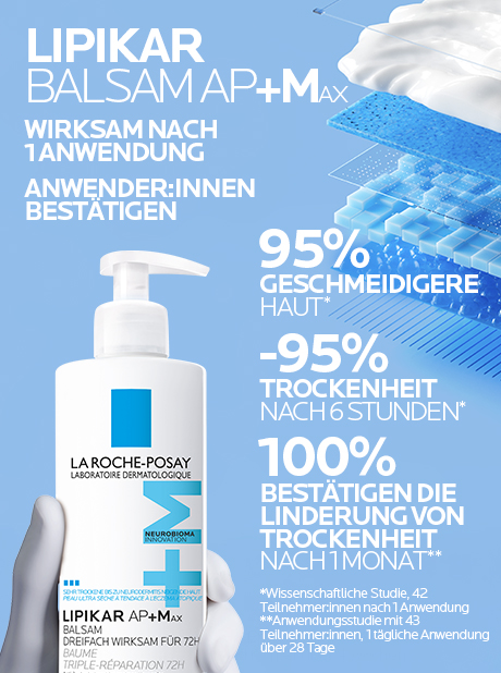 La Roche-Posay Lipikar Balsam AP+M Flasche. Text: Wirksam nach 1 Anwendung. Anwender:innen bestätigen.